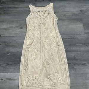 Sue Wong Cream Floral Lace Midi Dress